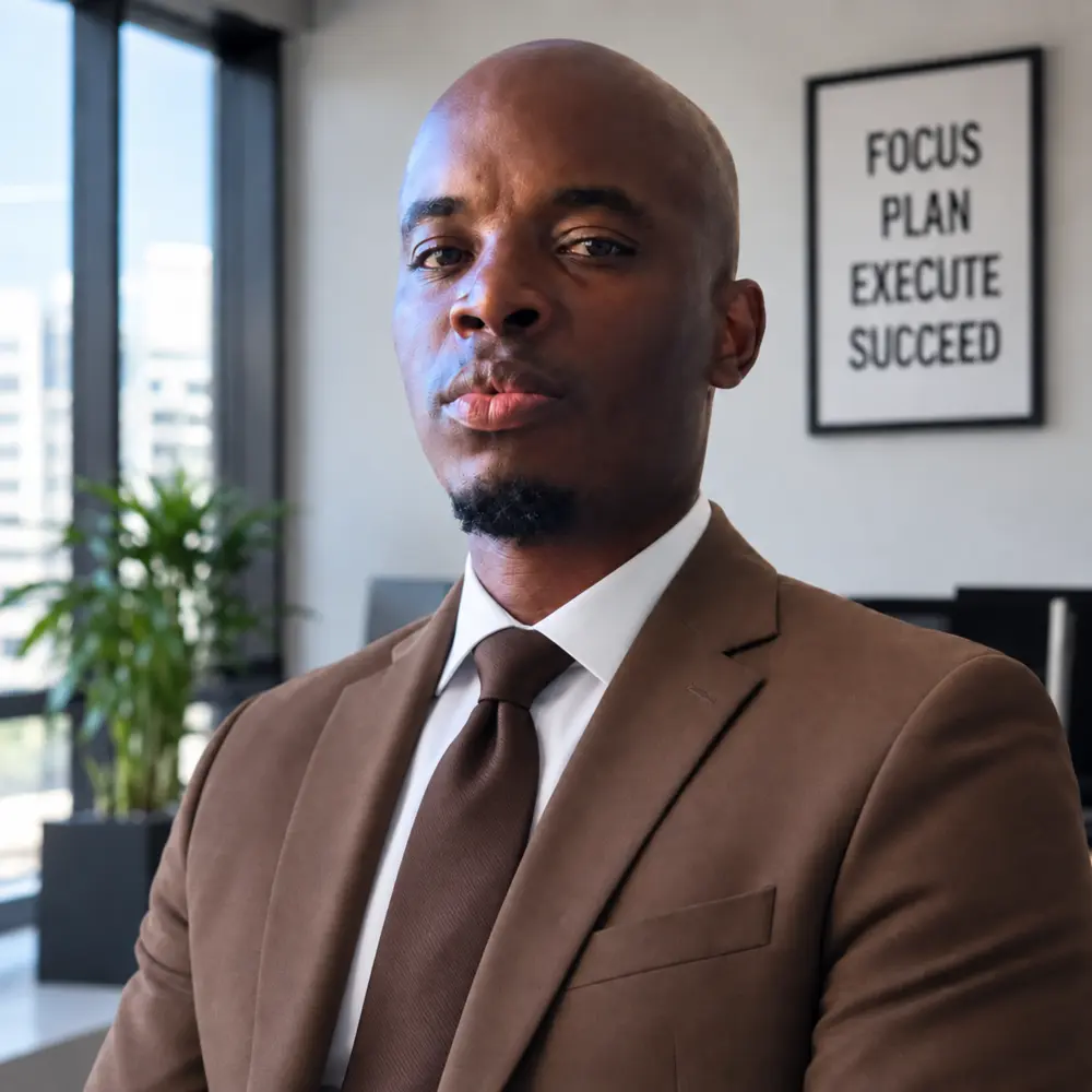 Olando Marle in a brown suit and tie